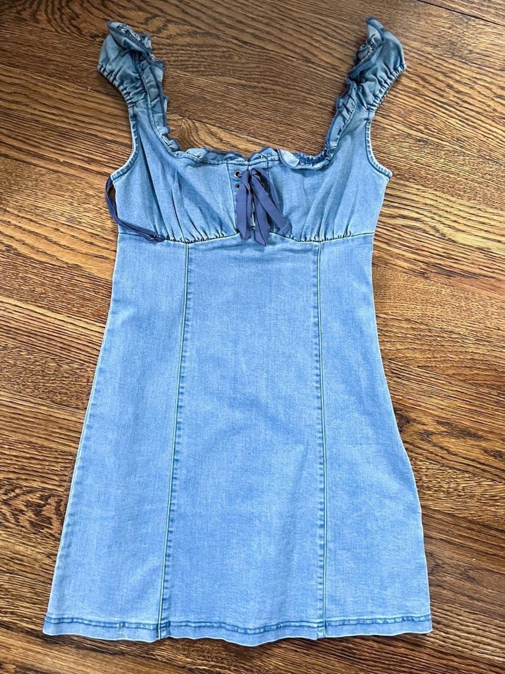 denim ruffle mini dress